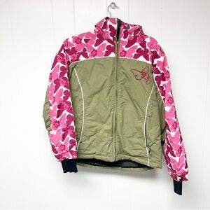 XS Exes Butterfly Print Olive and Pink Hooded Ski Jacket Large
